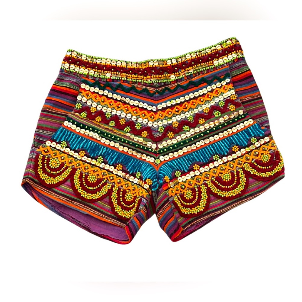 RAGA Beaded Embroidered Woven Shorts | Multi Color | Size XS